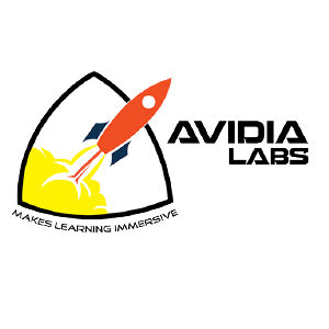 주황색 로켓이 노란 행성에서 발사 되어 삼각형 테두리를 벗어나고 있는 형상의 아비디아랩스 로고