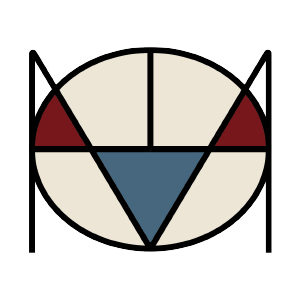 하고제비 로고. 하얀색 바탕에 부리 형상의 푸른색 삼각형과 눈 혹은 깃 형상의 붉은색 삼각형이 교차된 로고
