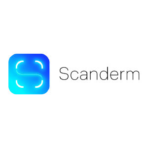 푸른색 바탕에 모서리가 둥근 사각 테두리 모양의 S 자 글씨가 있는 Scanderm 로고