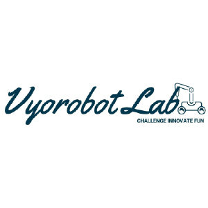 녹색의 영문 필기체로 vyorobotlab라고 적혀있고 우측에 한쪽 팔과 집게 손이 구현된 바퀴 로봇 이미지가 있는 로고